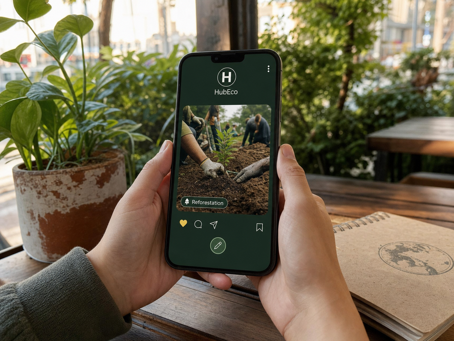 Pessoa usando o aplicativo HubEco em um smartphone, em um ambiente urbano com plantas